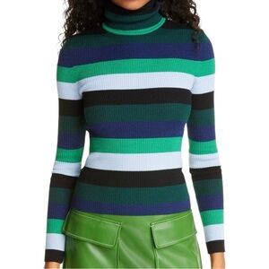 Staud Ken Striped Roll Neck Merino Wool Sweater Blue, Black, Green -  Medium